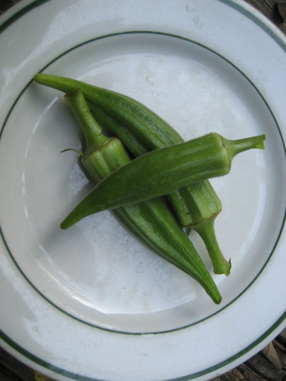 Fresh Clemson Spineless Okra vegetables from Hudson Valley Seed Co., showing vibrant green pods on a farm stand.