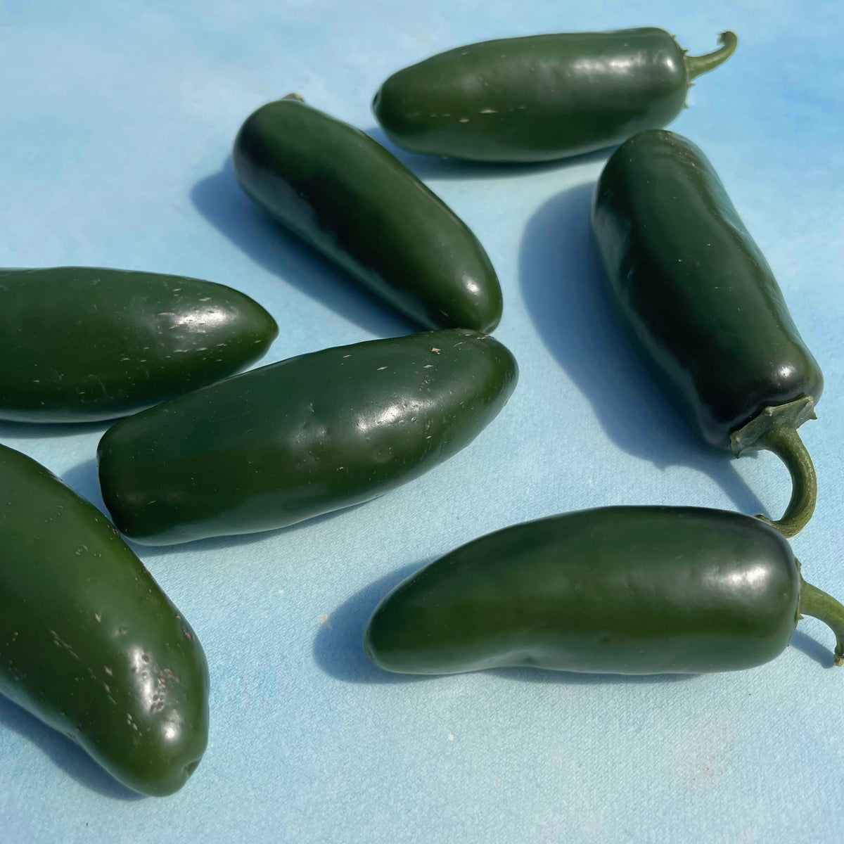 Fresh Nadapeno peppers, vibrant green vegetables with smooth skin, displayed on a plain background.