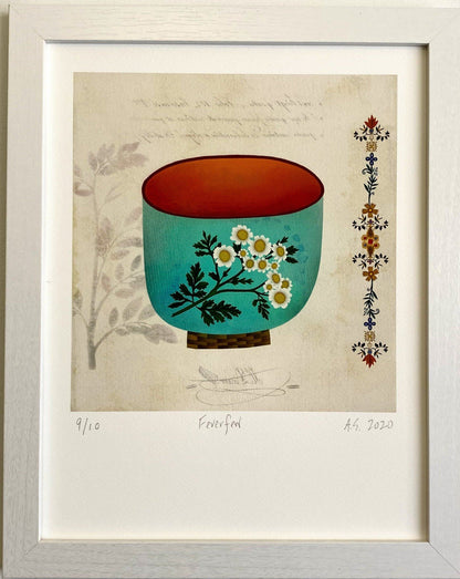 Signed Feverfew fine art print by Hudson Valley Seed Co. featuring detailed botanical illustration of feverfew flowers.