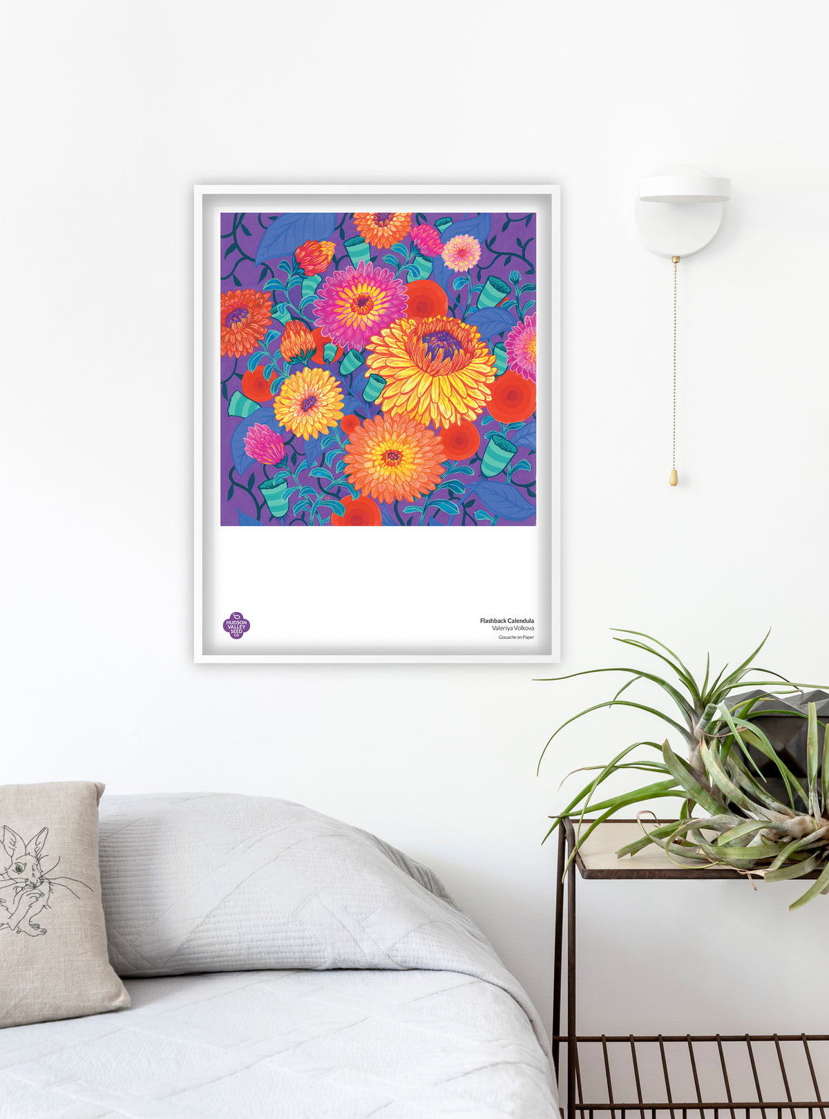 Close-up of the Flashback Calendula Fine Art Poster by Hudson Valley Seed Co. showcasing vibrant floral artwork for bedroom decor.