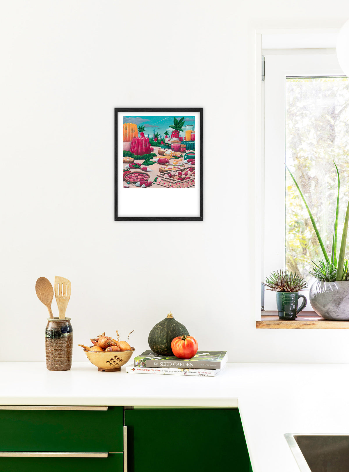 Signed French Breakfast Radish art print from Vendor-Unknown, featuring vibrant radish illustration in a stylish room setting.