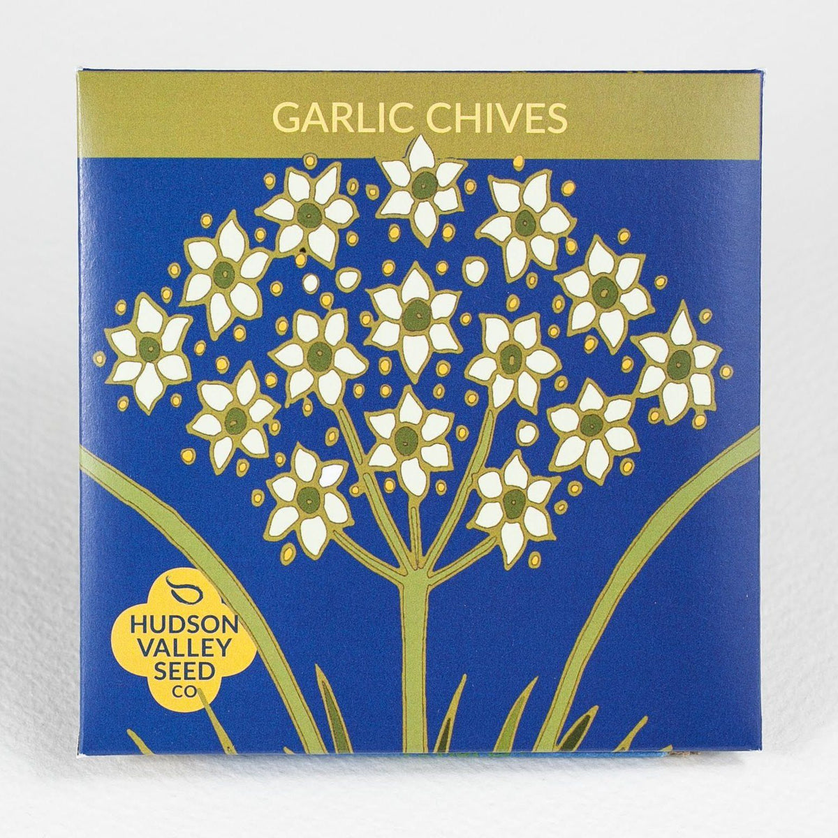 Fresh garlic chives herb bunch from Hudson Valley Seed Co, with long green leaves and white stems on a wooden surface.