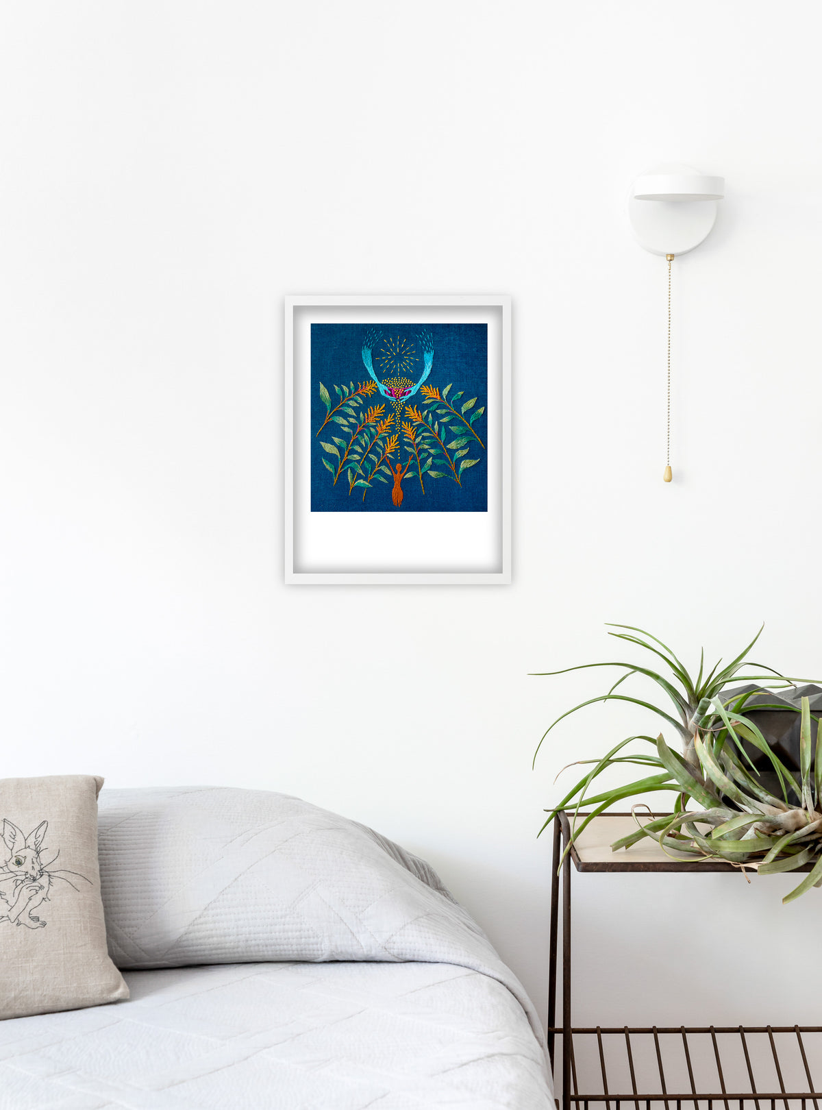 Golden Giant Amaranth fine art print by Hudson Valley Seed Co. displayed in a room, showcasing vibrant yellow and green floral artwork.