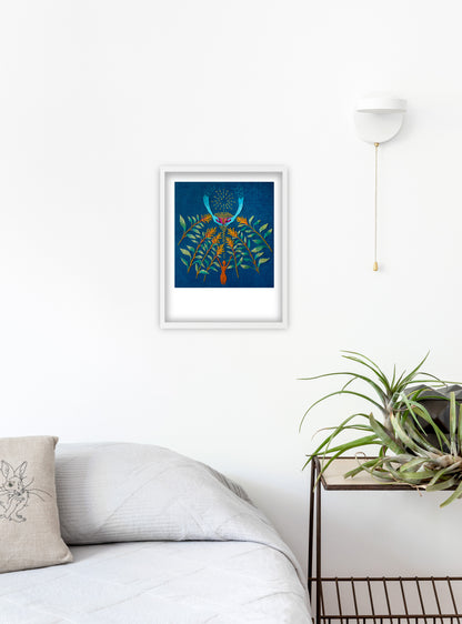 Golden Giant Amaranth fine art print by Hudson Valley Seed Co. displayed in a room, showcasing vibrant yellow and green floral artwork.