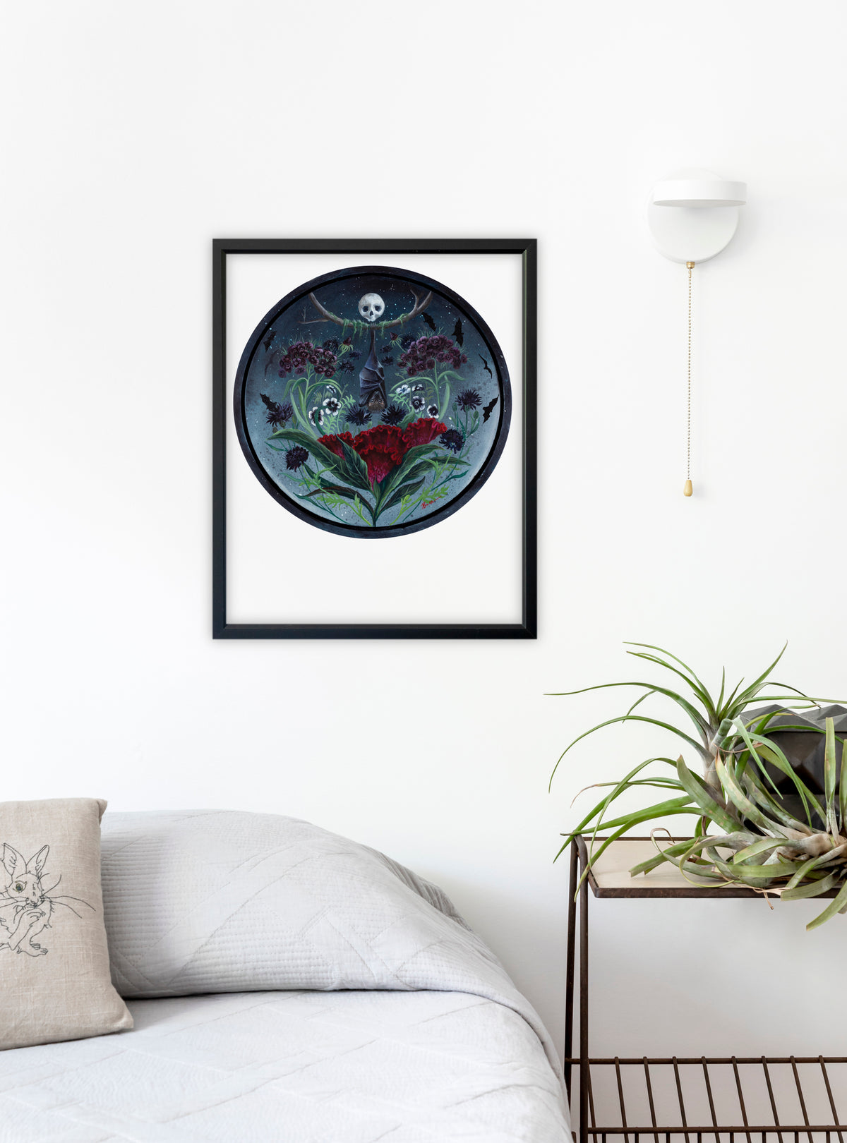 Signed Goth Garden fine art print by Hudson Valley Seed Co. displayed in a room, showcasing dark botanical artwork with vibrant details.