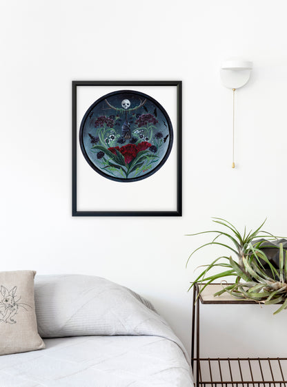 Signed Goth Garden fine art print by Hudson Valley Seed Co. displayed in a room, showcasing dark botanical artwork with vibrant details.