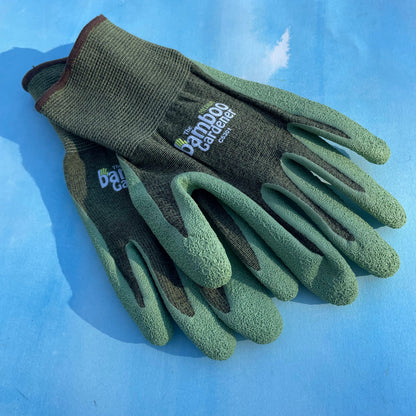 Bamboo Rayon and natural rubber palm gardening gloves by The Bamboo Gardener, showing the gloves with green fabric and rubber palms.