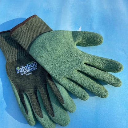 Bamboo Rayon Natural Rubber Palm Gardening Gloves by The Bamboo Gardener, showing reinforced rubber palms and bamboo rayon fabric.