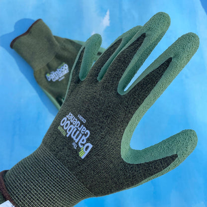 Bamboo Rayon and natural rubber palm gardening gloves with reinforced fingertips, designed for gardening and outdoor work.