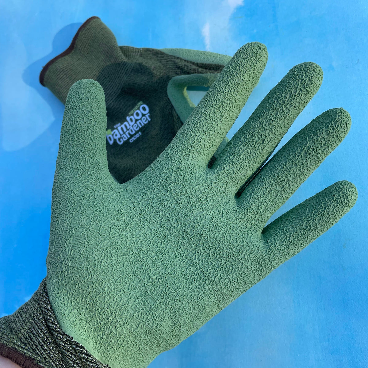 Bamboo Rayon Natural Rubber Palm Gloves for gardening, durable tools and supplies by The Bamboo Gardener, with reinforced rubber palms.