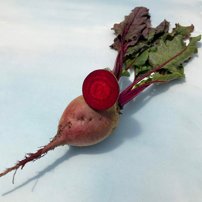 Fresh Detroit Dark Red Beet from Hudson Valley Seed Co., showcasing vibrant, round vegetables with green leafy tops.