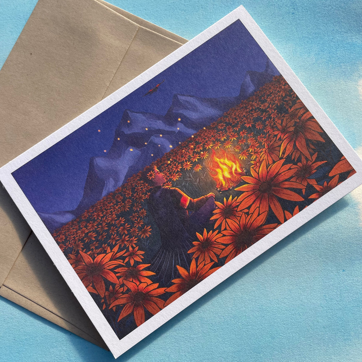 Campfire Rudbeckia note card with envelope from Hudson Valley Seed Co., featuring vibrant floral illustration on textured paper.