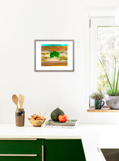 Fine art print of Mache by Hudson Valley Seed Co. displayed in a kitchen setting, showcasing intricate botanical illustrations.