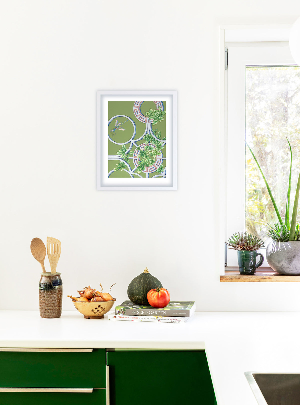 Signed Marjoram art print, a fine art piece featuring detailed botanical illustration displayed in a room setting.