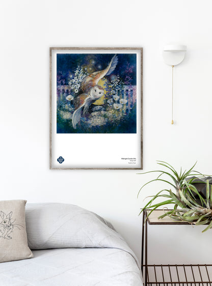 Fine art poster of a midnight garden scene by Hudson Valley Seed Co., featuring detailed floral artwork perfect for bedroom decor