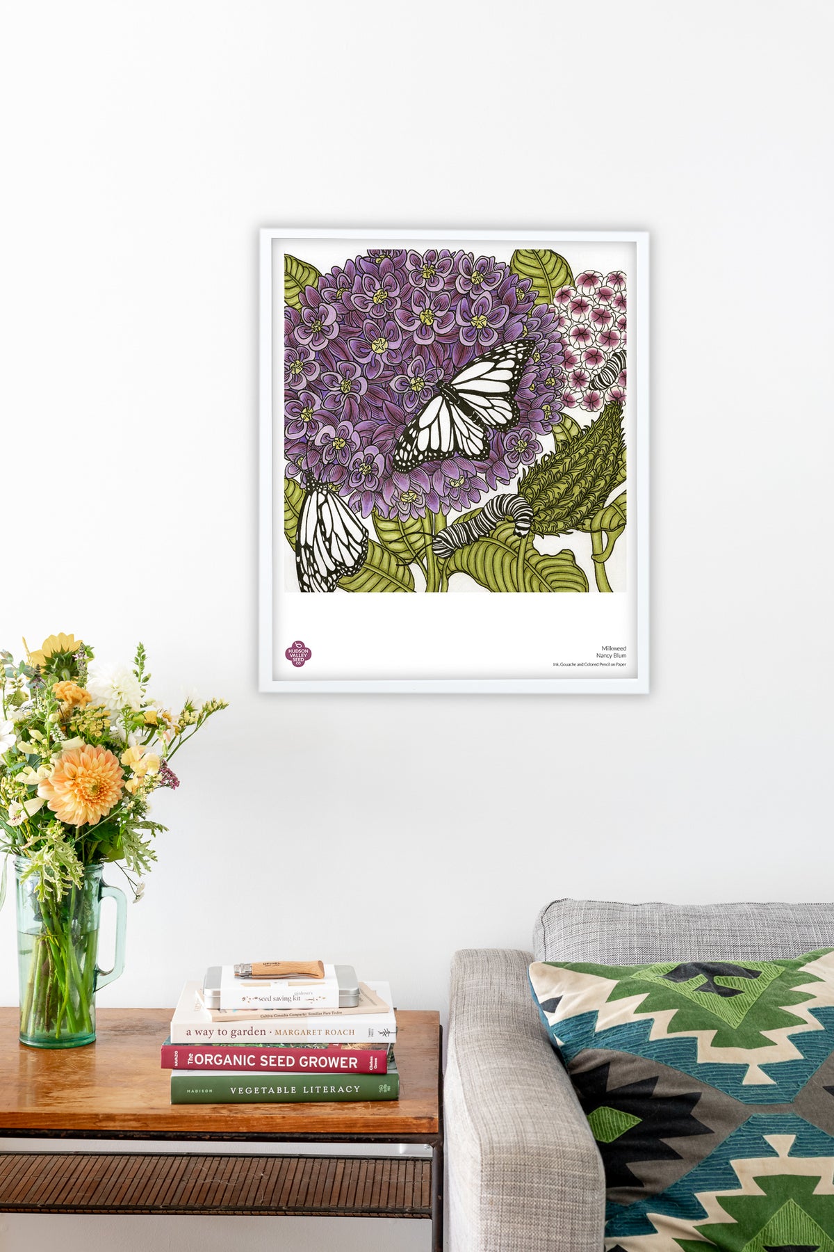Milkweed fine art poster by Hudson Valley Seed Co. featuring detailed botanical illustration, suitable for living room decor.