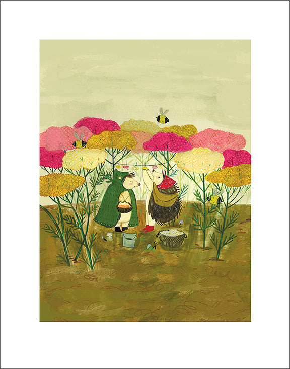 Close-up of a multi-hued yarrow floral art print by Hudson Valley Seed Co., signed fine art print with vibrant colors.