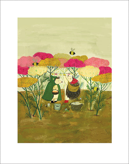 Close-up of a multi-hued yarrow floral art print by Hudson Valley Seed Co., signed fine art print with vibrant colors.