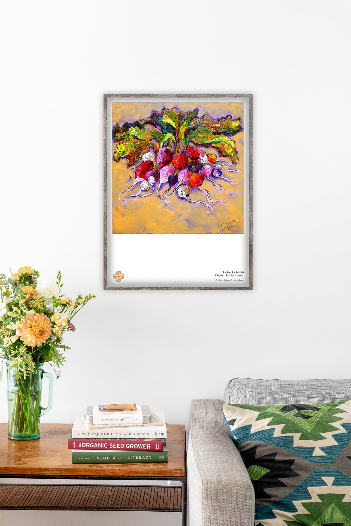 Hudson Valley Seed Co. Radiant Radish fine art poster displayed in a living room setting, showcasing vibrant vegetable artwork.