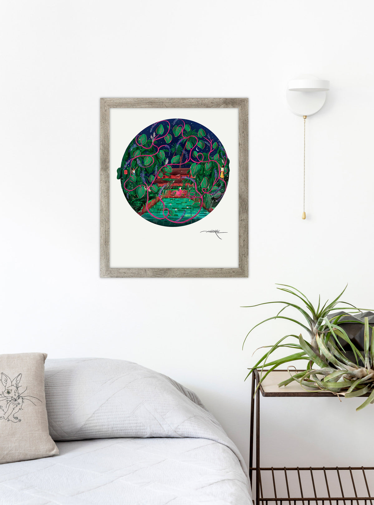 Red Malabar Spinach art print by Hudson Valley Seed Co., signed, featuring vibrant red leaves, displayed in a room setting.