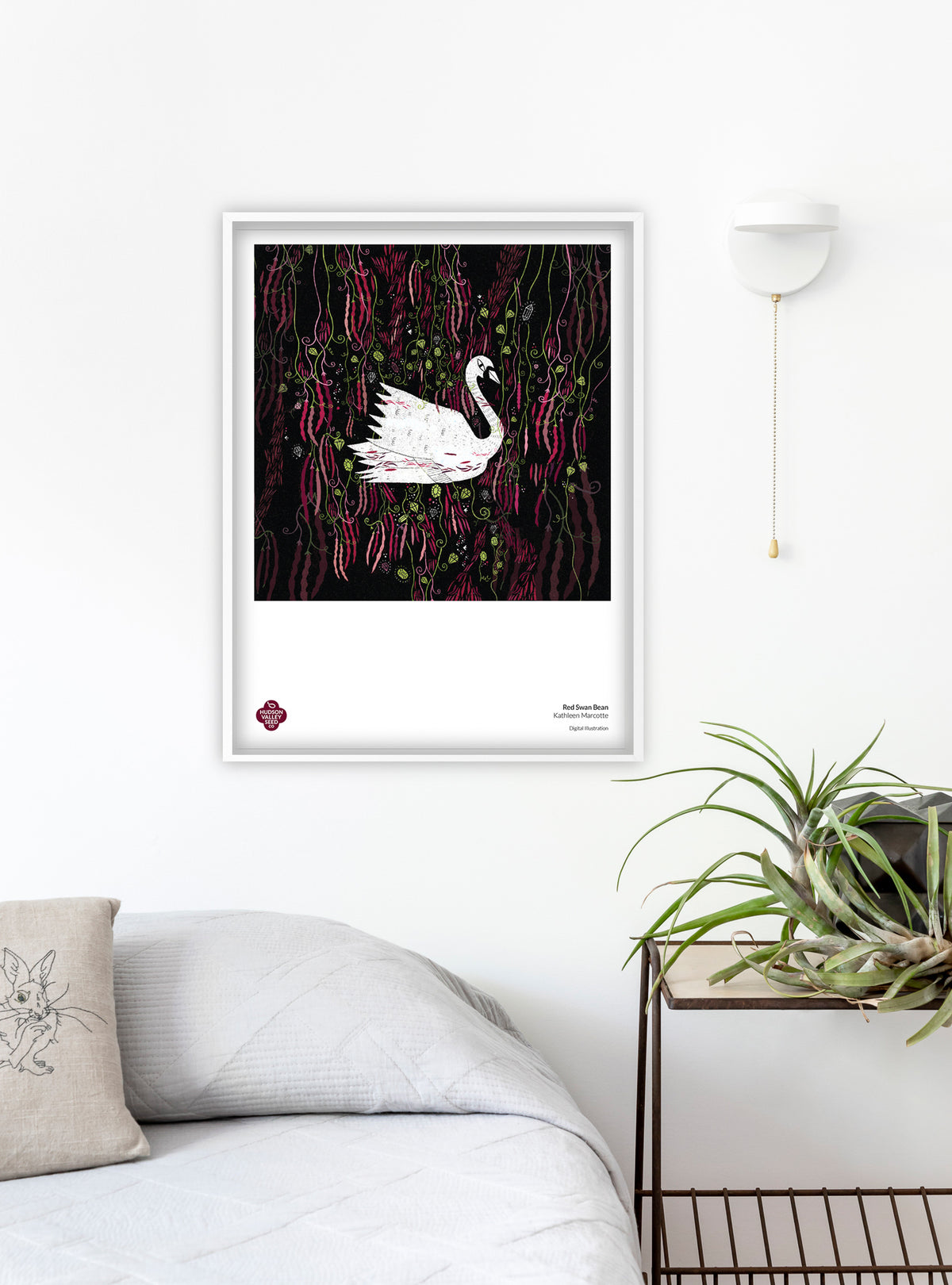 Red Swan Bush Bean fine art poster by Hudson Valley Seed Co. featuring detailed botanical illustration of bean plants on a neutral background.