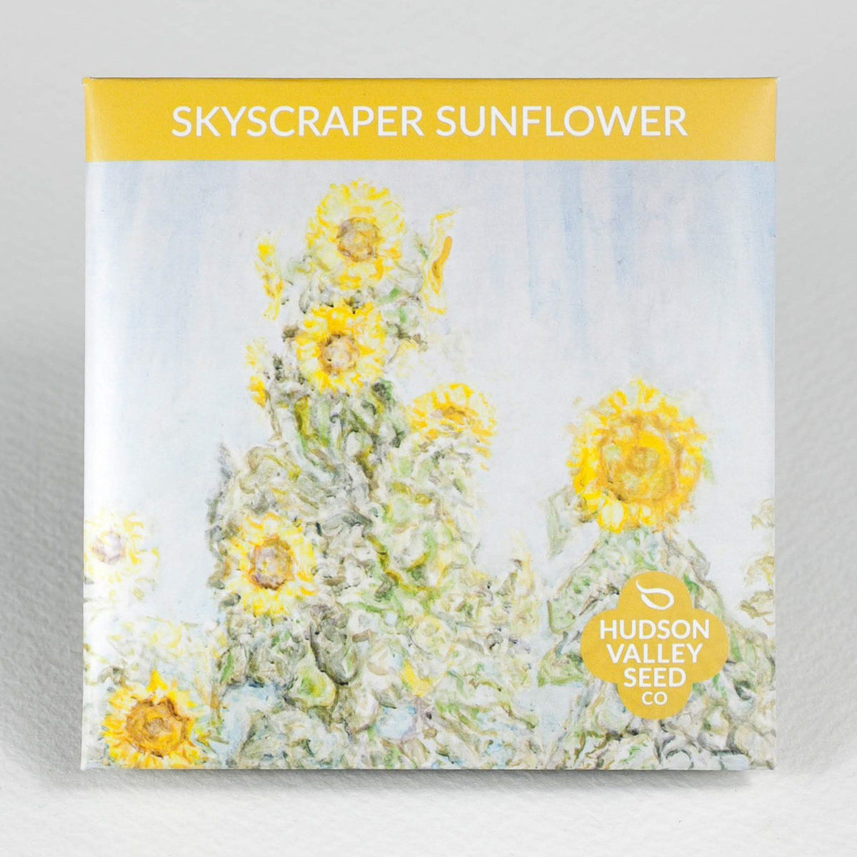 Bright yellow Skyscraper Sunflower flower from Hudson Valley Seed Co. with tall, vibrant blooms and lush green leaves.