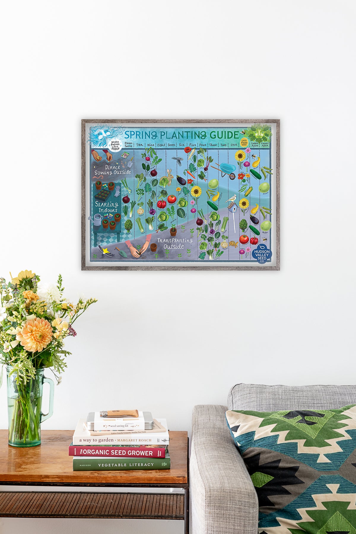Fine art spring planting guide poster by Hudson Valley Seed Co. featuring vibrant illustrations for garden planning.