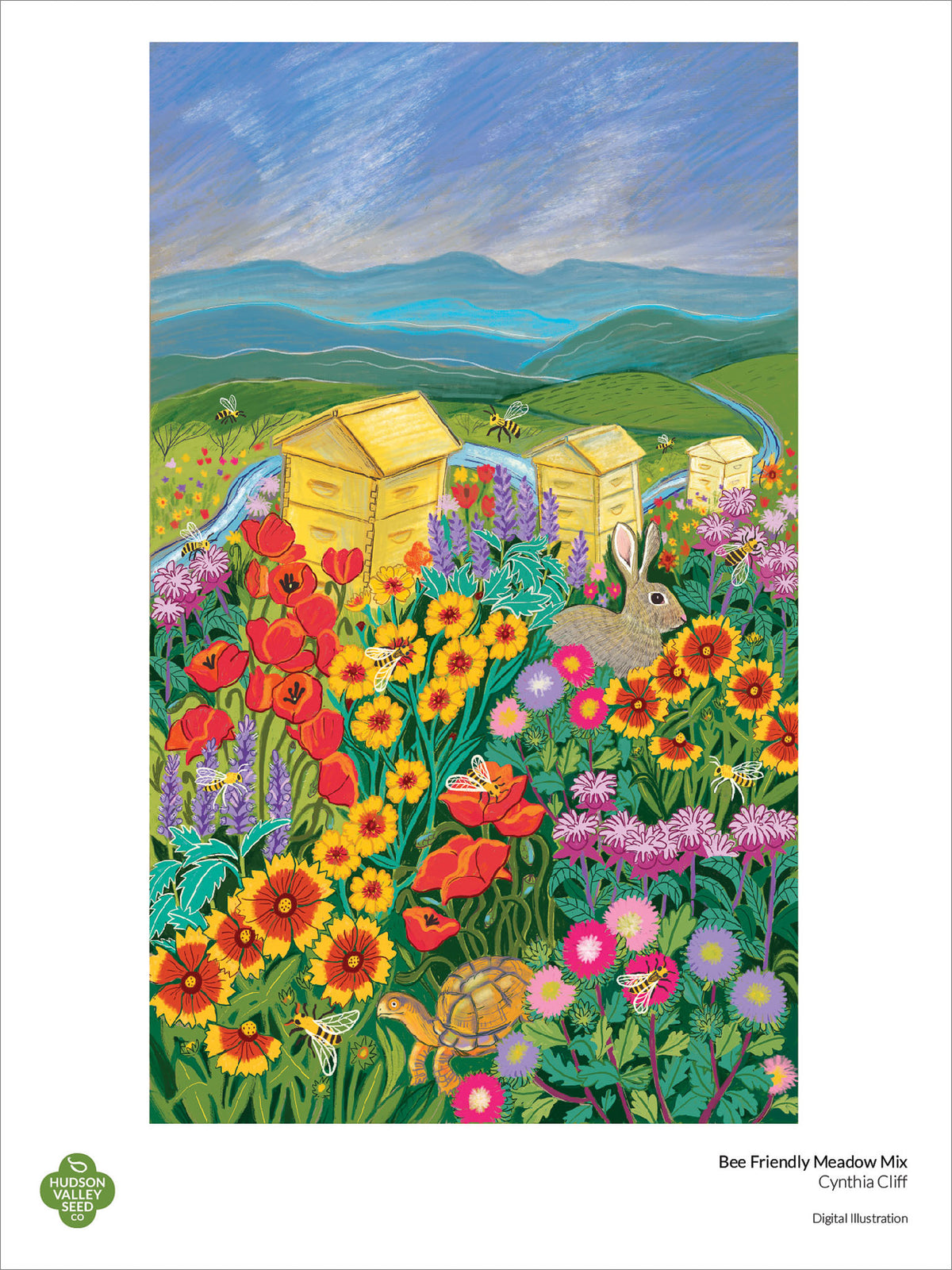 Bee Friendly Meadow Mix fine art poster by Hudson Valley Seed Co. featuring a vibrant meadow scene with bees and wildflowers.