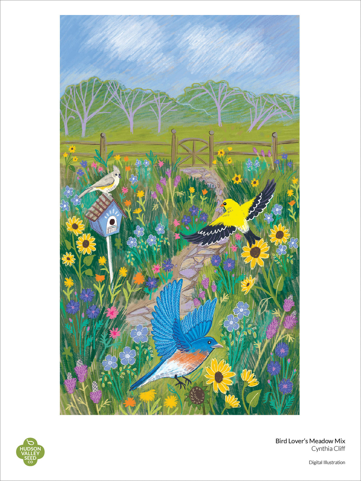 Fine art poster featuring colorful birds and meadow scenery, created by Hudson Valley Seed Co. Bird Lover&