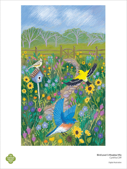 Fine art poster featuring colorful birds and meadow scenery, created by Hudson Valley Seed Co. Bird Lover&