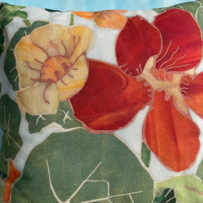 Colorful Glorious Gleam Nasturtium throw pillow by Hudson Valley Seed Co. featuring vibrant, detailed floral design for home decor.