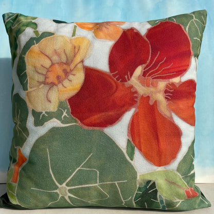 Brightly colored nasturtium design on Glorious Gleam throw pillow by Hudson Valley Seed Co., showcasing vibrant floral artwork.