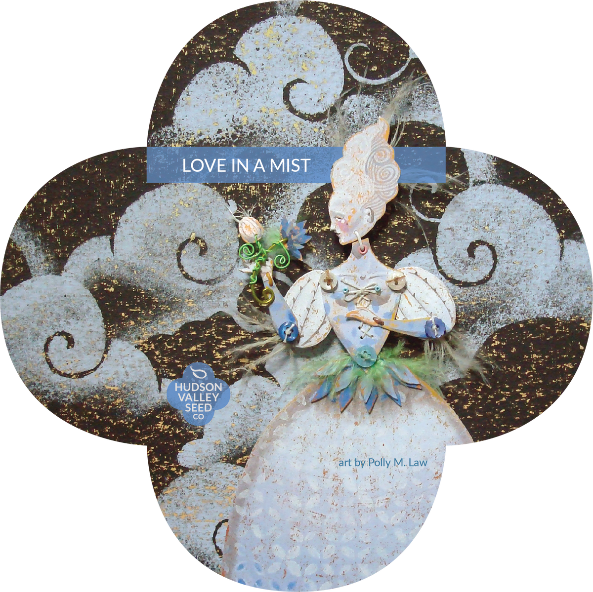 Love in a Mist flower seedlings from Hudson Valley Seed Co., vibrant blue and purple blooms with feathery foliage.